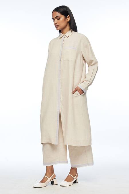 Shop Payal Pratap Beige Linen Collared Polyantha Front Open Tunic Online at Aza Fashions Shop_Payal Pratap_Beige Linen Collared Polyantha Front Open Tunic _Online_at_Aza_Fashions