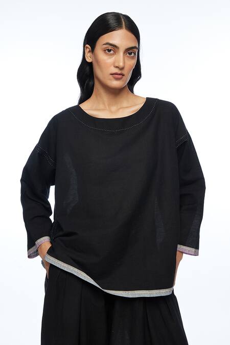 Shop Payal Pratap Black Handloom Cotton Round Neck Oversize Top Online at Aza Fashions Shop_Payal Pratap_Black Handloom Cotton Round Neck Oversize Top _Online_at_Aza_Fashions