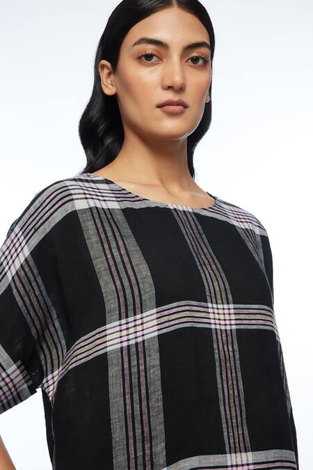 Shop Payal Pratap Black Linen Boat Neck Dumalis Midi Dress Online at Aza Fashions Shop_Payal Pratap_Black Linen Boat Neck Dumalis Midi Dress _Online_at_Aza_Fashions