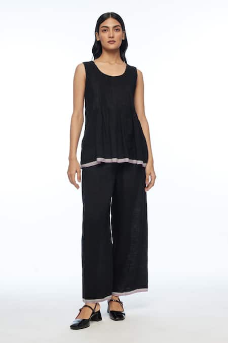 Payal Pratap Black Handloom Cotton Round Neck Davurica Pintuck Camisole Top 