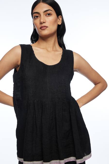 Shop Payal Pratap Black Handloom Cotton Round Neck Davurica Pintuck Camisole Top Online at Aza Fashions Shop_Payal Pratap_Black Handloom Cotton Round Neck Davurica Pintuck Camisole Top _Online_at_Aza_Fashions