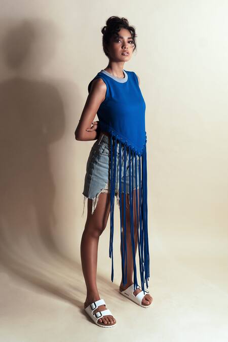Style Junkiie_Blue Cotton Tassels Crew Neck Cafe Crop Tee _Online_at_Aza_Fashions