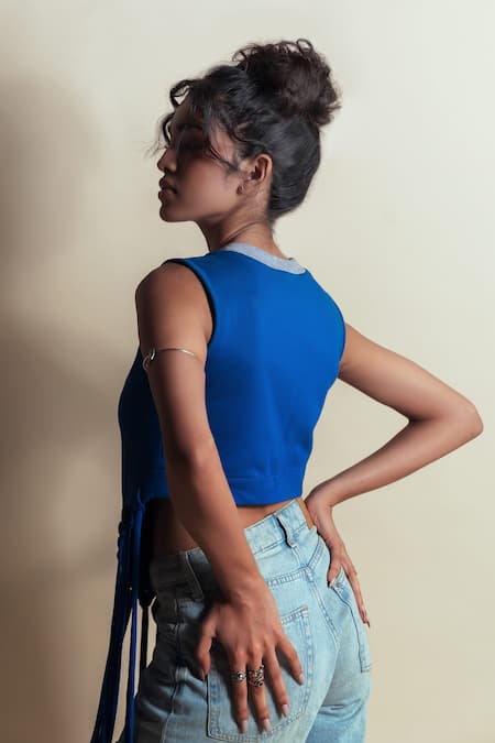 Shop_Style Junkiie_Blue Cotton Tassels Crew Neck Cafe Crop Tee _at_Aza_Fashions