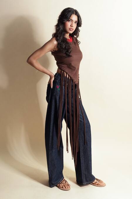 Style Junkiie_Chocolate Cotton Crew Neck French Press Tassel Crop Tee _Online_at_Aza_Fashions