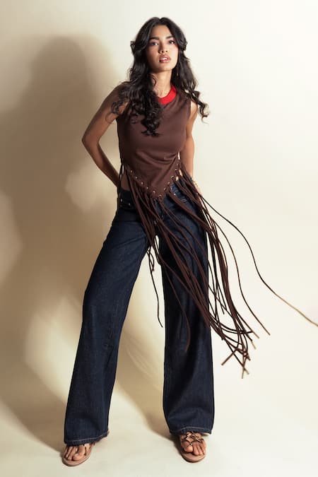 Style Junkiie Chocolate Cotton Crew Neck French Press Tassel Crop Tee 