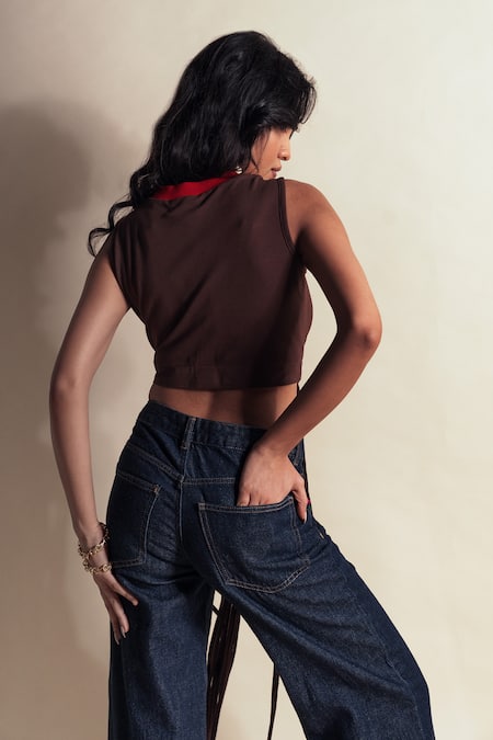 Shop_Style Junkiie_Chocolate Cotton Crew Neck French Press Tassel Crop Tee _at_Aza_Fashions