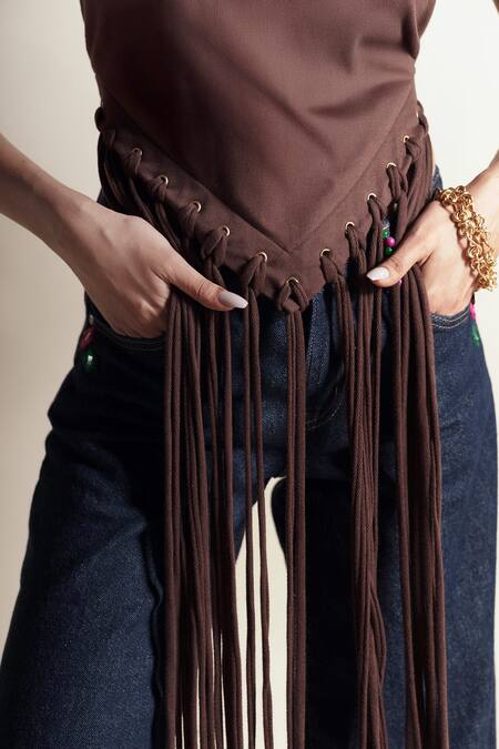 Buy_Style Junkiie_Chocolate Cotton Crew Neck French Press Tassel Crop Tee _Online_at_Aza_Fashions