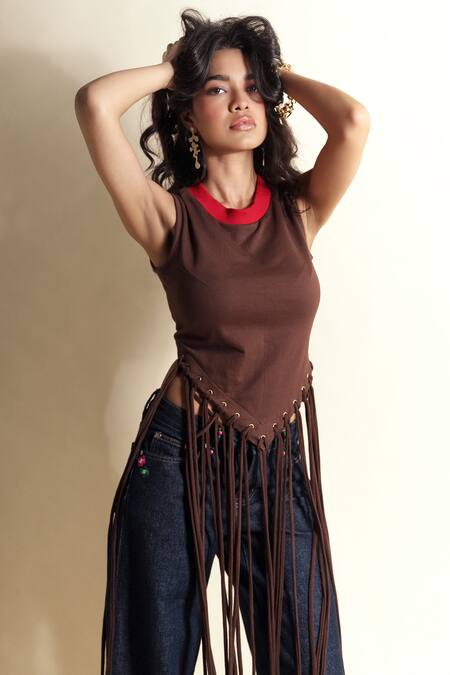 Shop_Style Junkiie_Chocolate Cotton Crew Neck French Press Tassel Crop Tee _Online_at_Aza_Fashions