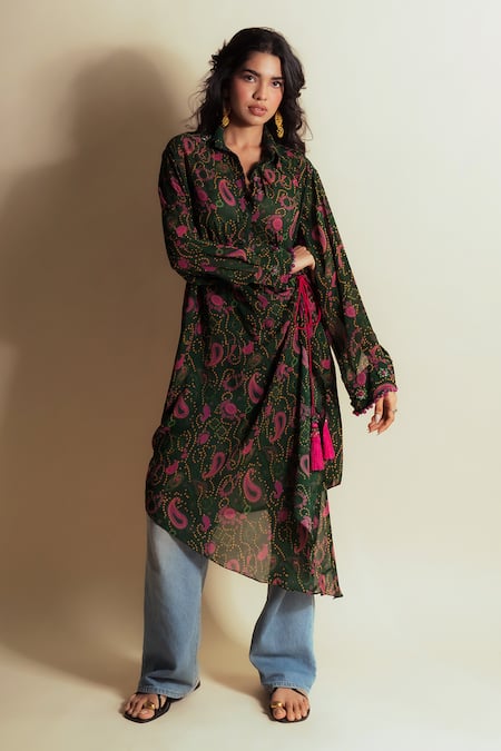 Style Junkiie Green Georgette Collared Paisley Print Shirt Dress 