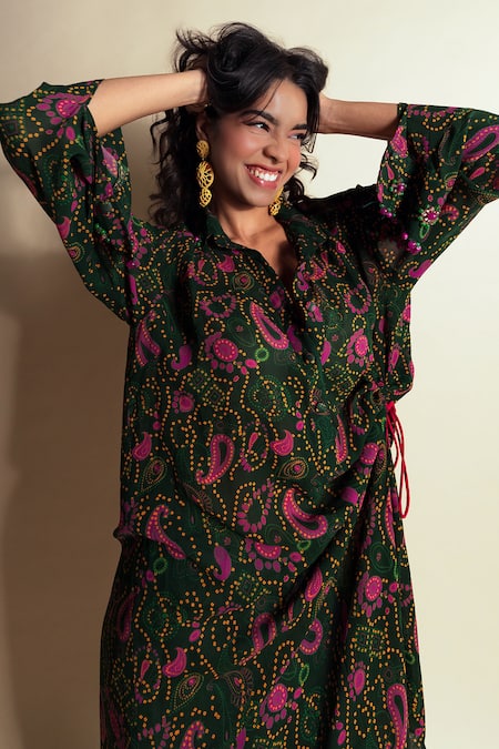 Style Junkiie_Green Georgette Collared Paisley Print Shirt Dress _at_Aza_Fashions