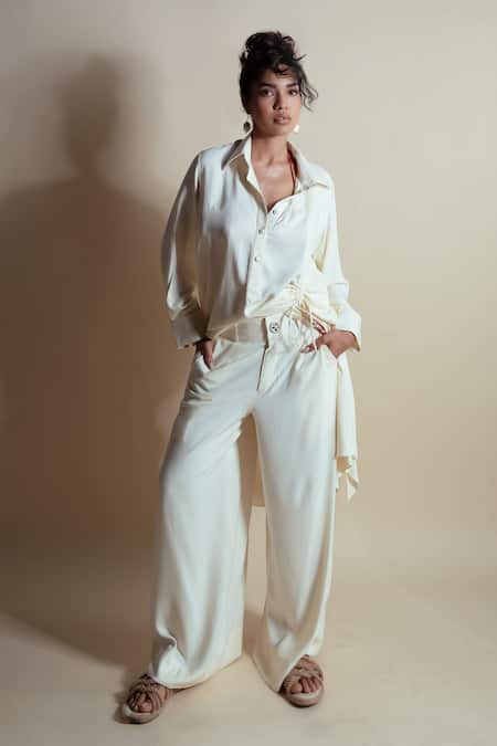 Style Junkiie Cream Rayon, Twill Tassels Collared Long Shirt Dress Online at Aza Fashions Style Junkiie_Cream Rayon, Twill Tassels Collared Long Shirt Dress _Online_at_Aza_Fashions