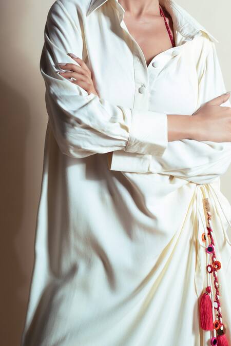 Style Junkiie Cream Rayon, Twill Tassels Collared Long Shirt Dress at Aza Fashions Style Junkiie_Cream Rayon, Twill Tassels Collared Long Shirt Dress _at_Aza_Fashions