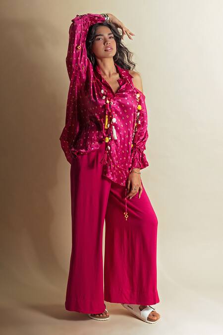 Style Junkiie Pink Silk Tassels, Pom-poms Peek-a-pink Bandhini Shirt Online at Aza Fashions Style Junkiie_Pink Silk Tassels, Pom-poms Peek-a-pink Bandhini Shirt _Online_at_Aza_Fashions