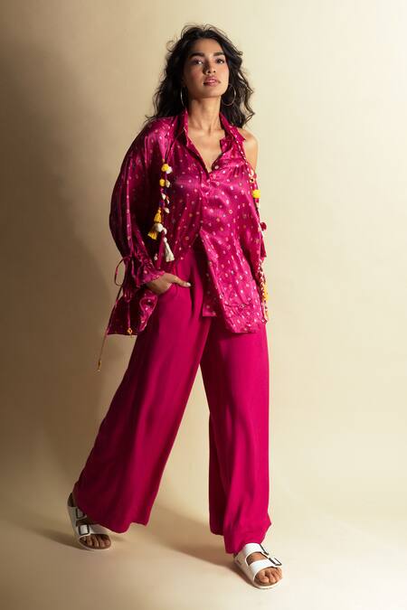 Buy Style Junkiie Pink Silk Tassels, Pom-poms Peek-a-pink Bandhini Shirt Online at Aza Fashions Buy_Style Junkiie_Pink Silk Tassels, Pom-poms Peek-a-pink Bandhini Shirt _Online_at_Aza_Fashions