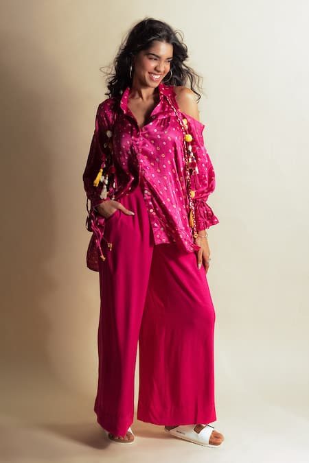 Style Junkiie Pink Silk Tassels, Pom-poms Peek-a-pink Bandhini Shirt 