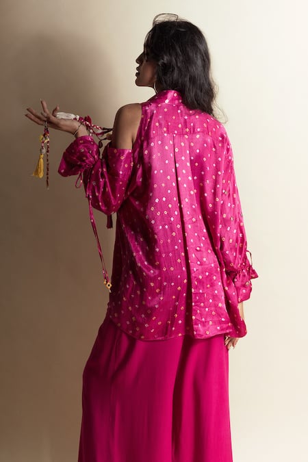 Shop Style Junkiie Pink Silk Tassels, Pom-poms Peek-a-pink Bandhini Shirt at Aza Fashions Shop_Style Junkiie_Pink Silk Tassels, Pom-poms Peek-a-pink Bandhini Shirt _at_Aza_Fashions