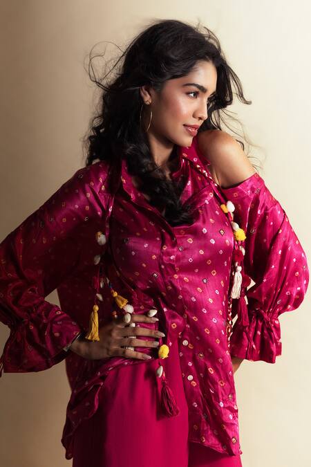 Shop Style Junkiie Pink Silk Tassels, Pom-poms Peek-a-pink Bandhini Shirt Online at Aza Fashions Shop_Style Junkiie_Pink Silk Tassels, Pom-poms Peek-a-pink Bandhini Shirt _Online_at_Aza_Fashions