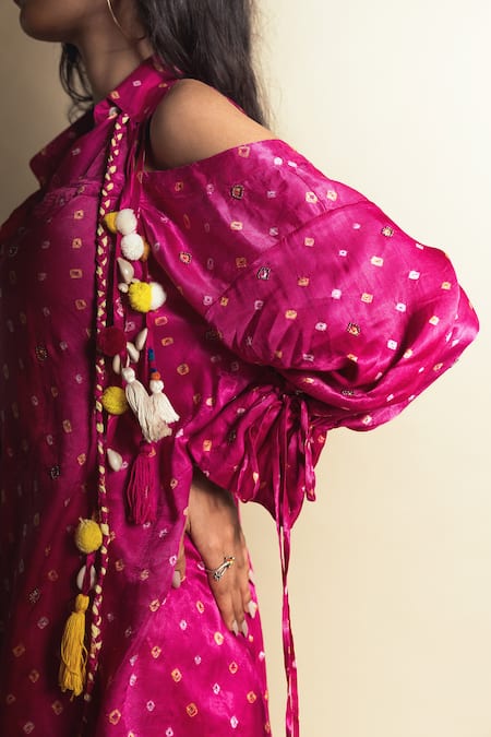 Style Junkiie Pink Silk Tassels, Pom-poms Peek-a-pink Bandhini Shirt at Aza Fashions Style Junkiie_Pink Silk Tassels, Pom-poms Peek-a-pink Bandhini Shirt _at_Aza_Fashions