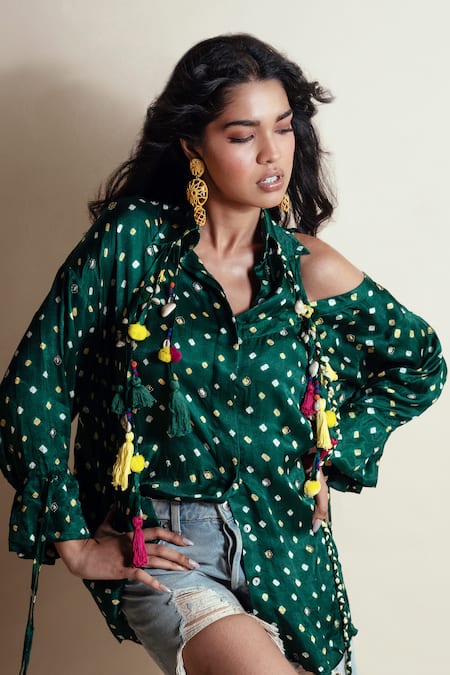 Style Junkiie Green Silk Tassels Asymmetric Peek-a-green Bandhini Shirt Online at Aza Fashions Style Junkiie_Green Silk Tassels Asymmetric Peek-a-green Bandhini Shirt _Online_at_Aza_Fashions