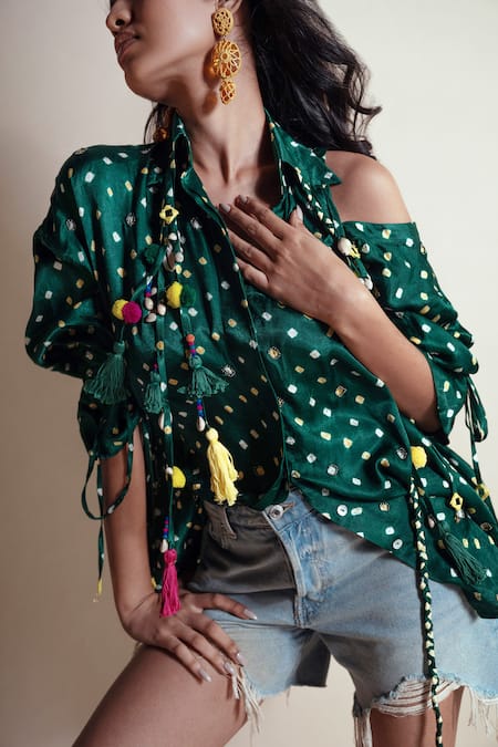 Buy Style Junkiie Green Silk Tassels Asymmetric Peek-a-green Bandhini Shirt Online at Aza Fashions Buy_Style Junkiie_Green Silk Tassels Asymmetric Peek-a-green Bandhini Shirt _Online_at_Aza_Fashions