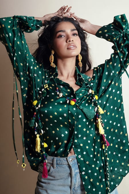 Style Junkiie Green Silk Tassels Asymmetric Peek-a-green Bandhini Shirt at Aza Fashions Style Junkiie_Green Silk Tassels Asymmetric Peek-a-green Bandhini Shirt _at_Aza_Fashions