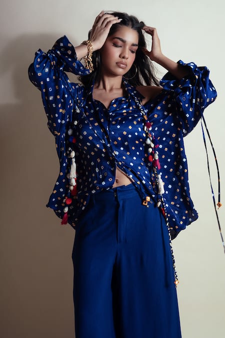Style Junkiie Blue Silk Tassels Off-shoulder Bandhini Print Shirt 