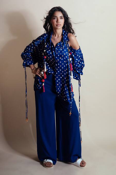 Style Junkiie Blue Silk Tassels Off-shoulder Bandhini Print Shirt Online at Aza Fashions Style Junkiie_Blue Silk Tassels Off-shoulder Bandhini Print Shirt _Online_at_Aza_Fashions