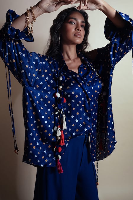 Buy Style Junkiie Blue Silk Tassels Off-shoulder Bandhini Print Shirt Online at Aza Fashions Buy_Style Junkiie_Blue Silk Tassels Off-shoulder Bandhini Print Shirt _Online_at_Aza_Fashions