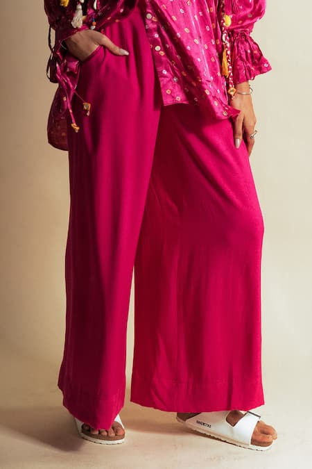 Style Junkiie_Pink Rayon, Twill Hot Flared Pant _Online_at_Aza_Fashions