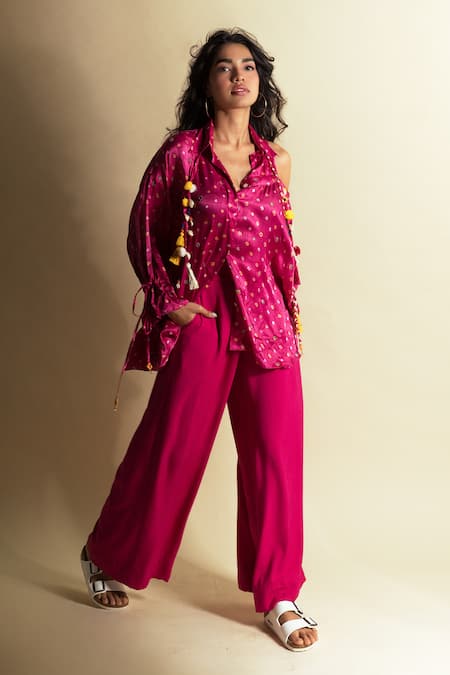 Buy_Style Junkiie_Pink Rayon, Twill Hot Flared Pant _Online_at_Aza_Fashions