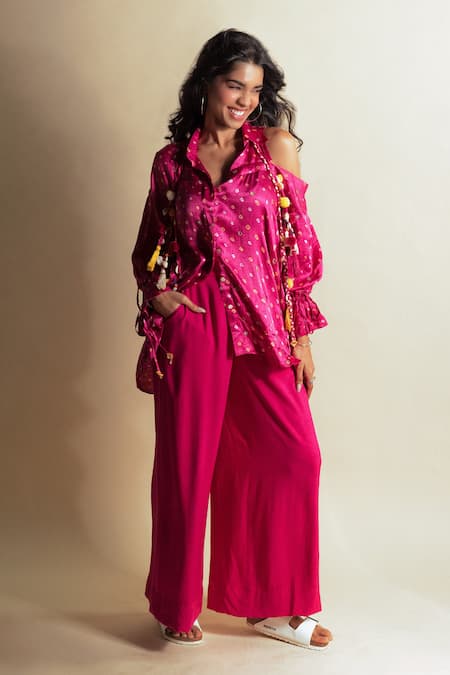 Shop_Style Junkiie_Pink Rayon, Twill Hot Flared Pant _at_Aza_Fashions