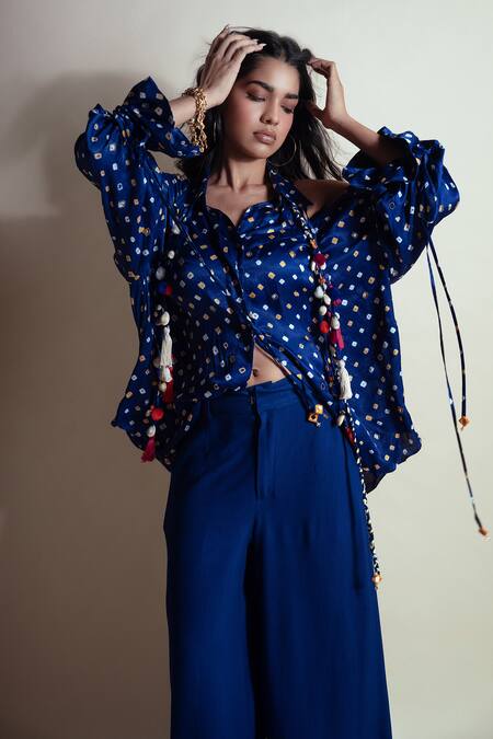 Style Junkiie_Blue Rayon, Twill Cobalt Flared Pant _Online_at_Aza_Fashions