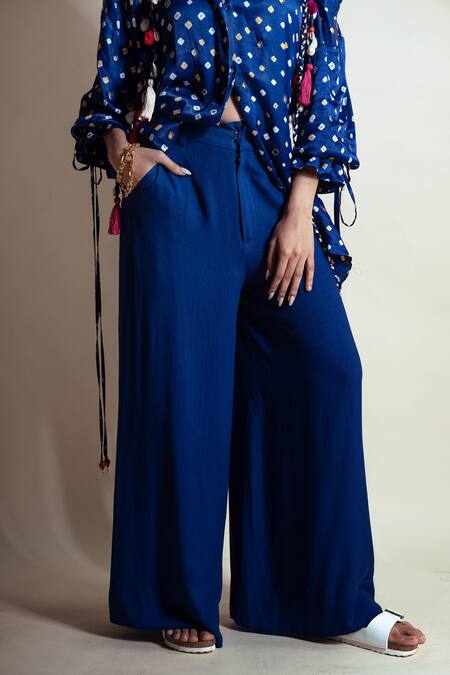Buy_Style Junkiie_Blue Rayon, Twill Cobalt Flared Pant _Online_at_Aza_Fashions