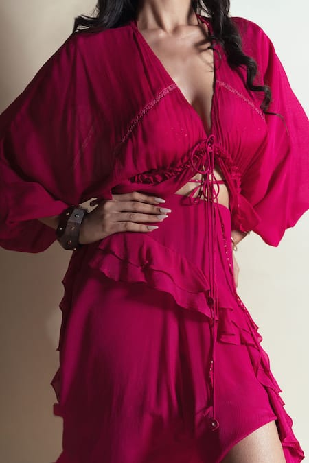 Buy_Style Junkiie_Pink Chiffon, Chinon Ruffles V-neck Hot Strawberry Cascade Duster _Online_at_Aza_Fashions