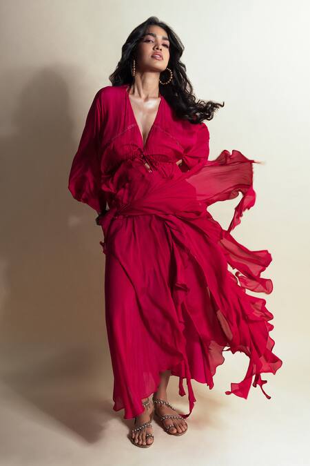 Style Junkiie_Pink Chiffon, Chinon Ruffles V-neck Hot Strawberry Cascade Duster _at_Aza_Fashions