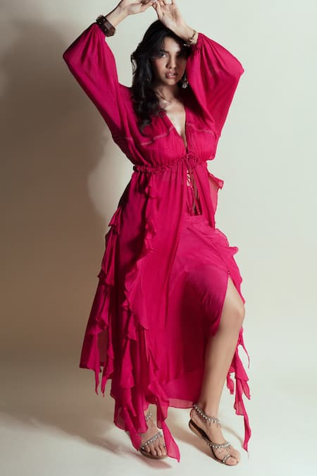 Buy_Style Junkiie_Pink Chiffon, Chinon Ruffles V-neck Hot Strawberry Cascade Duster 