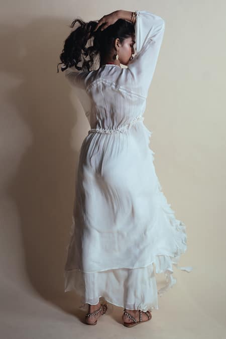 Shop Style Junkiie Ivory Chiffon, Chinon Tassels V-neck Vanilla Cascade Ruffle Duster at Aza Fashions Shop_Style Junkiie_Ivory Chiffon, Chinon Tassels V-neck Vanilla Cascade Ruffle Duster _at_Aza_Fashions