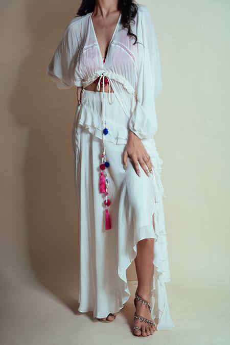 Shop Style Junkiie Ivory Chiffon, Chinon Tassels V-neck Vanilla Cascade Ruffle Duster Online at Aza Fashions Shop_Style Junkiie_Ivory Chiffon, Chinon Tassels V-neck Vanilla Cascade Ruffle Duster _Online_at_Aza_Fashions