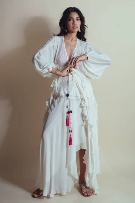 Shop_Style Junkiie_Ivory Chiffon, Chinon Tassels Vanilla Cascade Ruffle Skirt _Online_at_Aza_Fashions