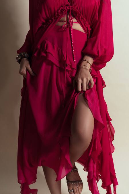 Style Junkiie Pink Chiffon, Chinon Ruffles Hot Strawberry Cascade Skirt Online at Aza Fashions Style Junkiie_Pink Chiffon, Chinon Ruffles Hot Strawberry Cascade Skirt _Online_at_Aza_Fashions