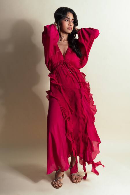 Buy Style Junkiie Pink Chiffon, Chinon Ruffles Hot Strawberry Cascade Skirt Online at Aza Fashions Buy_Style Junkiie_Pink Chiffon, Chinon Ruffles Hot Strawberry Cascade Skirt _Online_at_Aza_Fashions