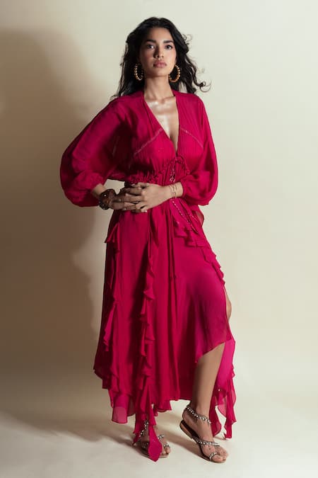 Style Junkiie Pink Chiffon, Chinon Ruffles Hot Strawberry Cascade Skirt at Aza Fashions Style Junkiie_Pink Chiffon, Chinon Ruffles Hot Strawberry Cascade Skirt _at_Aza_Fashions