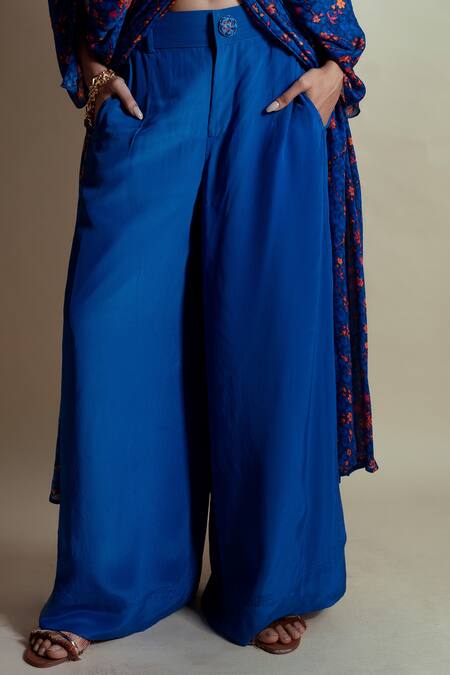 Style Junkiie_Blue Crepe Ink Flared Pants _Online_at_Aza_Fashions
