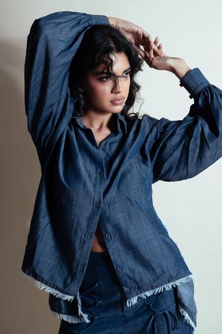 Style Junkiie_Blue Tencel, Denim Collared Love Shirt _Online_at_Aza_Fashions