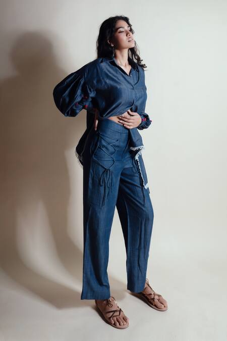 Buy_Style Junkiie_Blue Tencel, Denim Collared Love Shirt _Online_at_Aza_Fashions