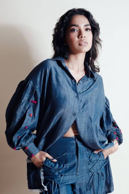 Style Junkiie_Blue Tencel, Denim Collared Love Shirt _at_Aza_Fashions