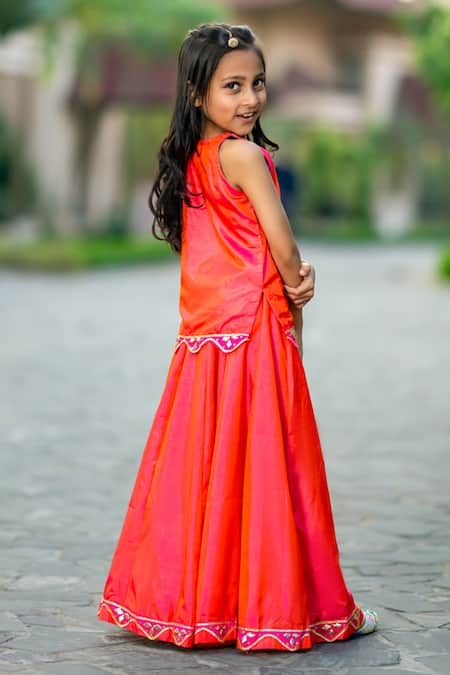 Shop_Yuvraani Jaipur_Pink Silk, Cotton, Net Embroidery Neon Lehenga Set _at_Aza_Fashions
