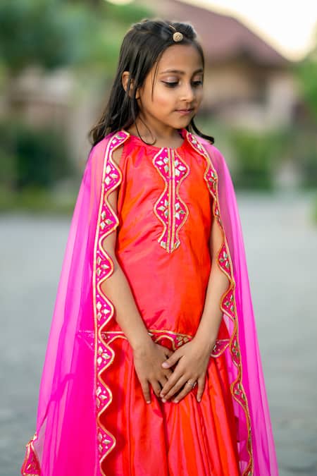 Yuvraani Jaipur_Pink Silk, Cotton, Net Embroidery Neon Lehenga Set _Online_at_Aza_Fashions