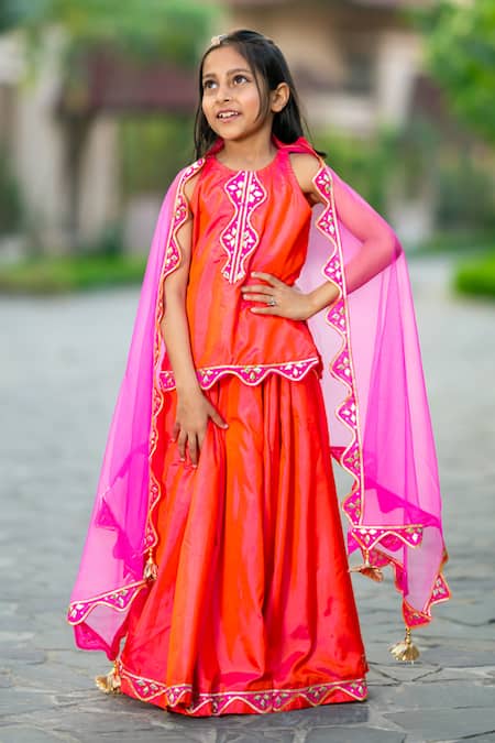 Buy_Yuvraani Jaipur_Pink Silk, Cotton, Net Embroidery Neon Lehenga Set _Online_at_Aza_Fashions