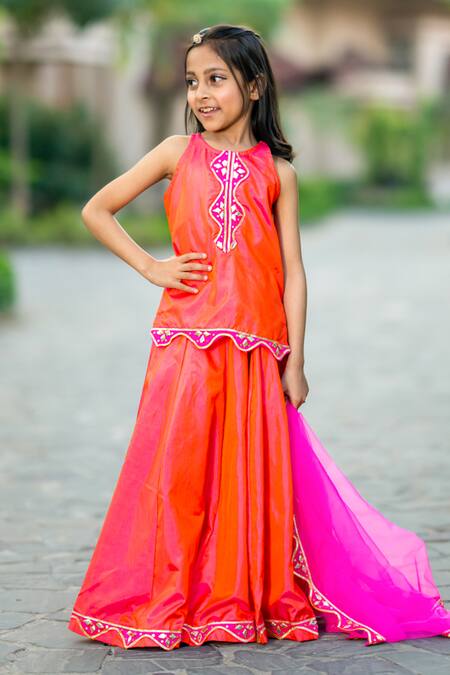 Shop_Yuvraani Jaipur_Pink Silk, Cotton, Net Embroidery Neon Lehenga Set _Online_at_Aza_Fashions